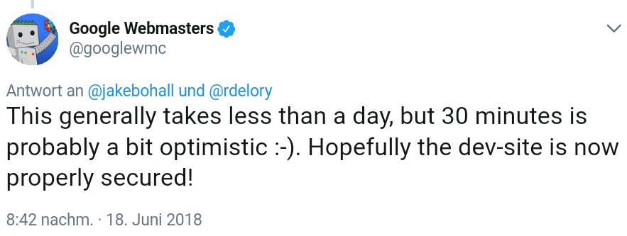 Google: Entfernen einer URL per Search Console dauert maximal einen Tag