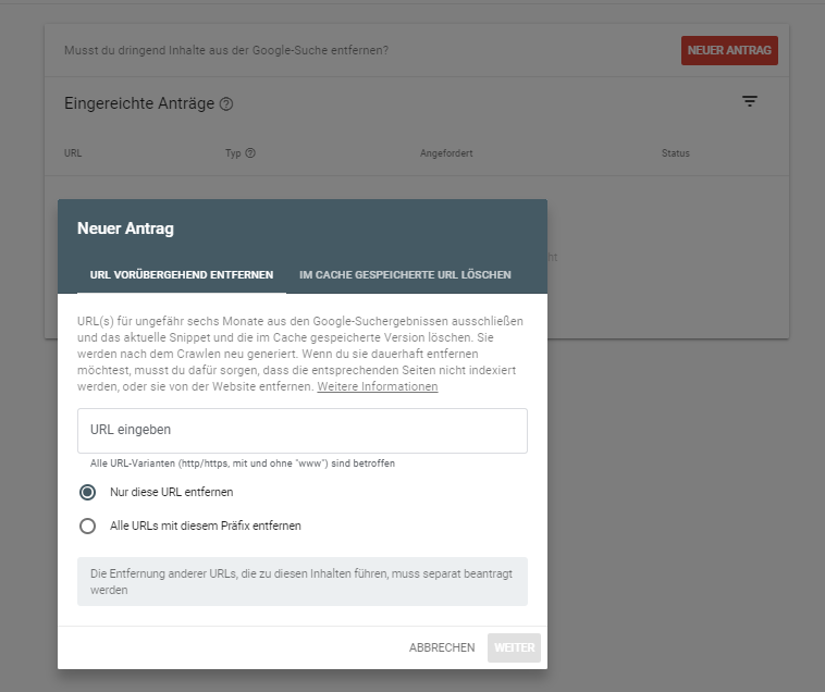 Google: neues Tool zum Entfernen: Antrag einreichen