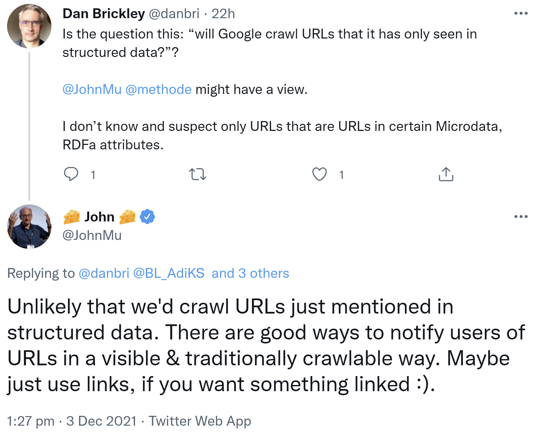 Google: URLs, die nur in strukturierten Daten vorkommen, werden wahrscheinlich nicht gecrawlt
