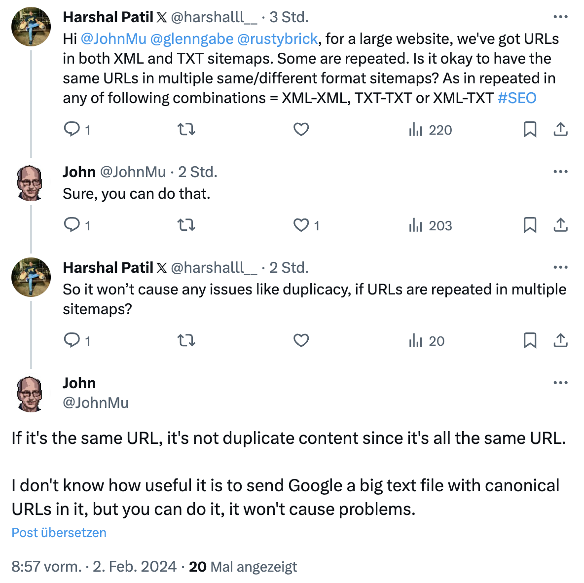 Google: URLs in mehreren Sitemaps sind kein Duplicate Content - John Müller auf Twitter