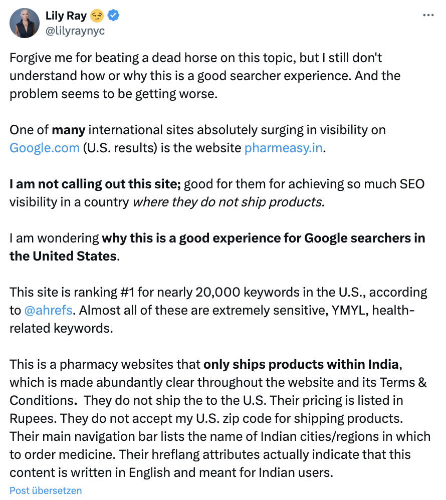 Google: Top-Treffer für indische Website in den USA, die nicht in die USA verkauft