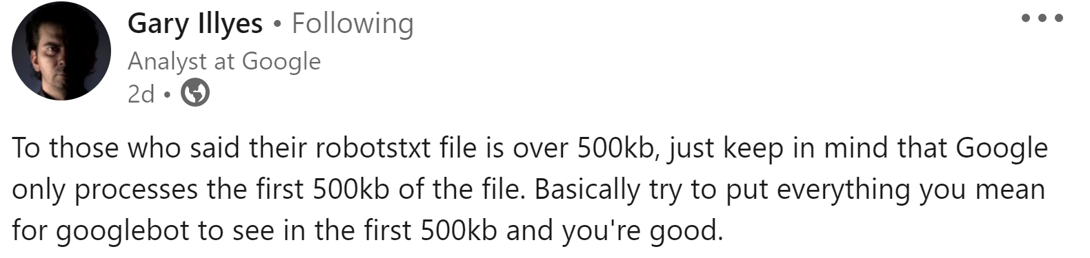 Google berücksichtigt nur die ersten 500 KB der robots.txt: Gary Illyes auf Twitter