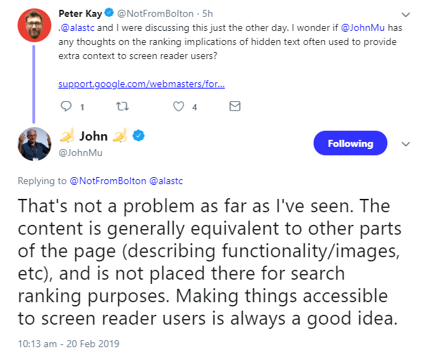 Google: versteckte Inhalte für Screenreader sind gleichwertig zu anderen Inhalten