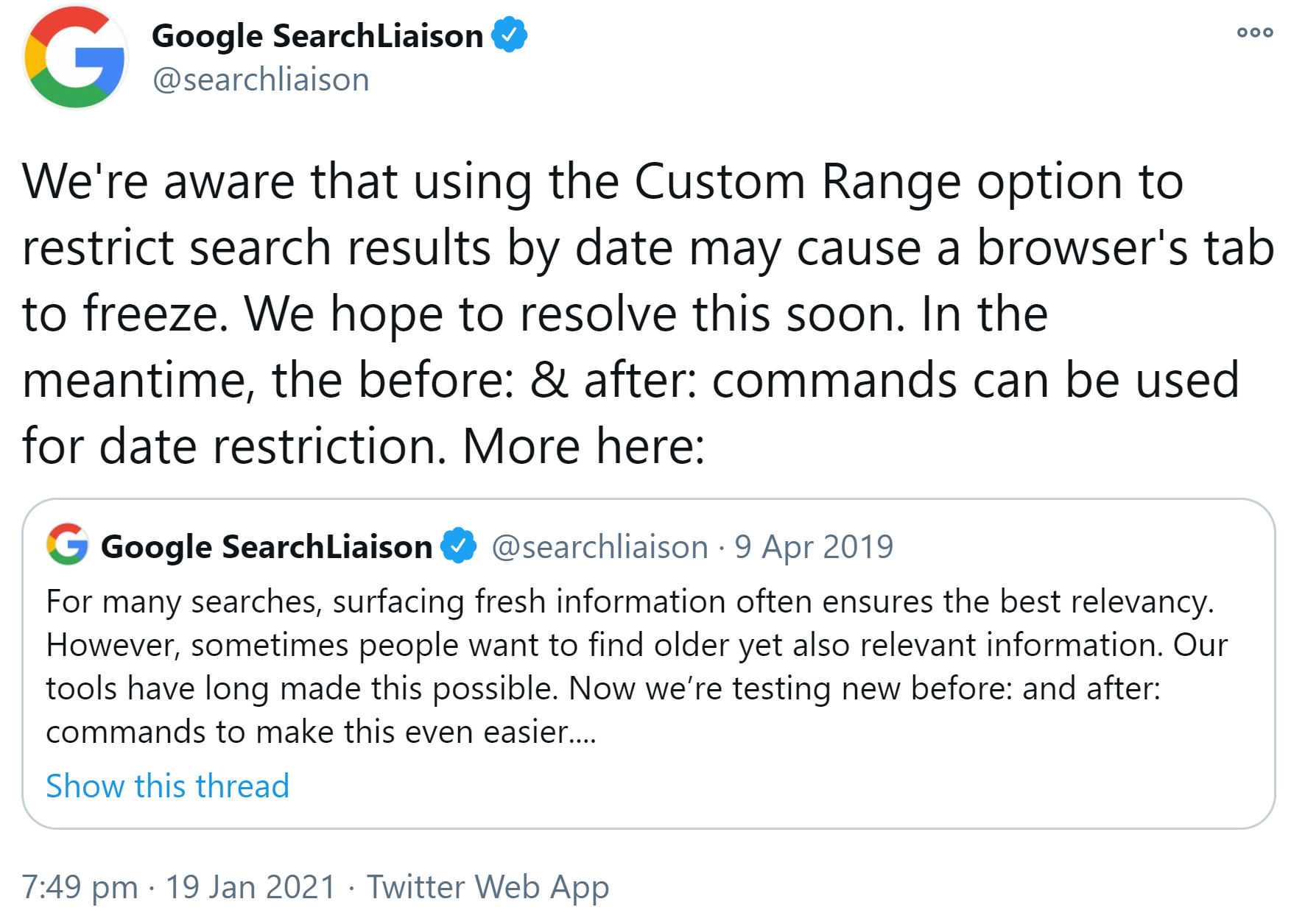 Google: Verwendung des Datums-Filters kann zum Einfrieren des Browser-Tabs führen