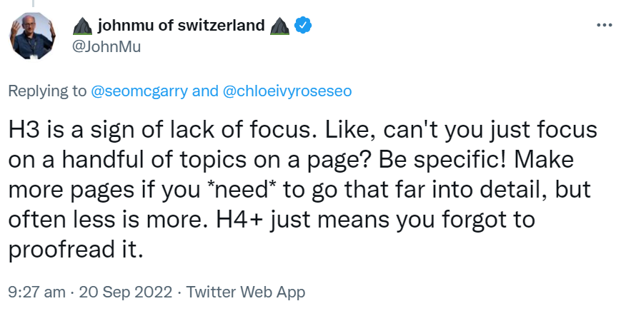 Google: Verwendung von H3 ist ein Zeichen fehlender Fokussierung