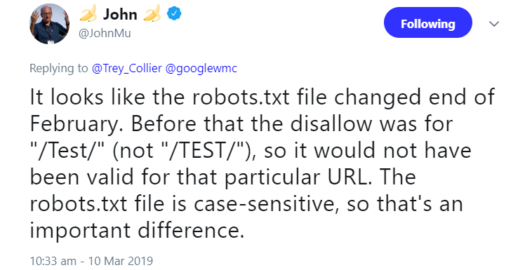 Vorsicht: Google unterscheidet bei Regeln in der robots.txt Groß- und Kleinschreibung