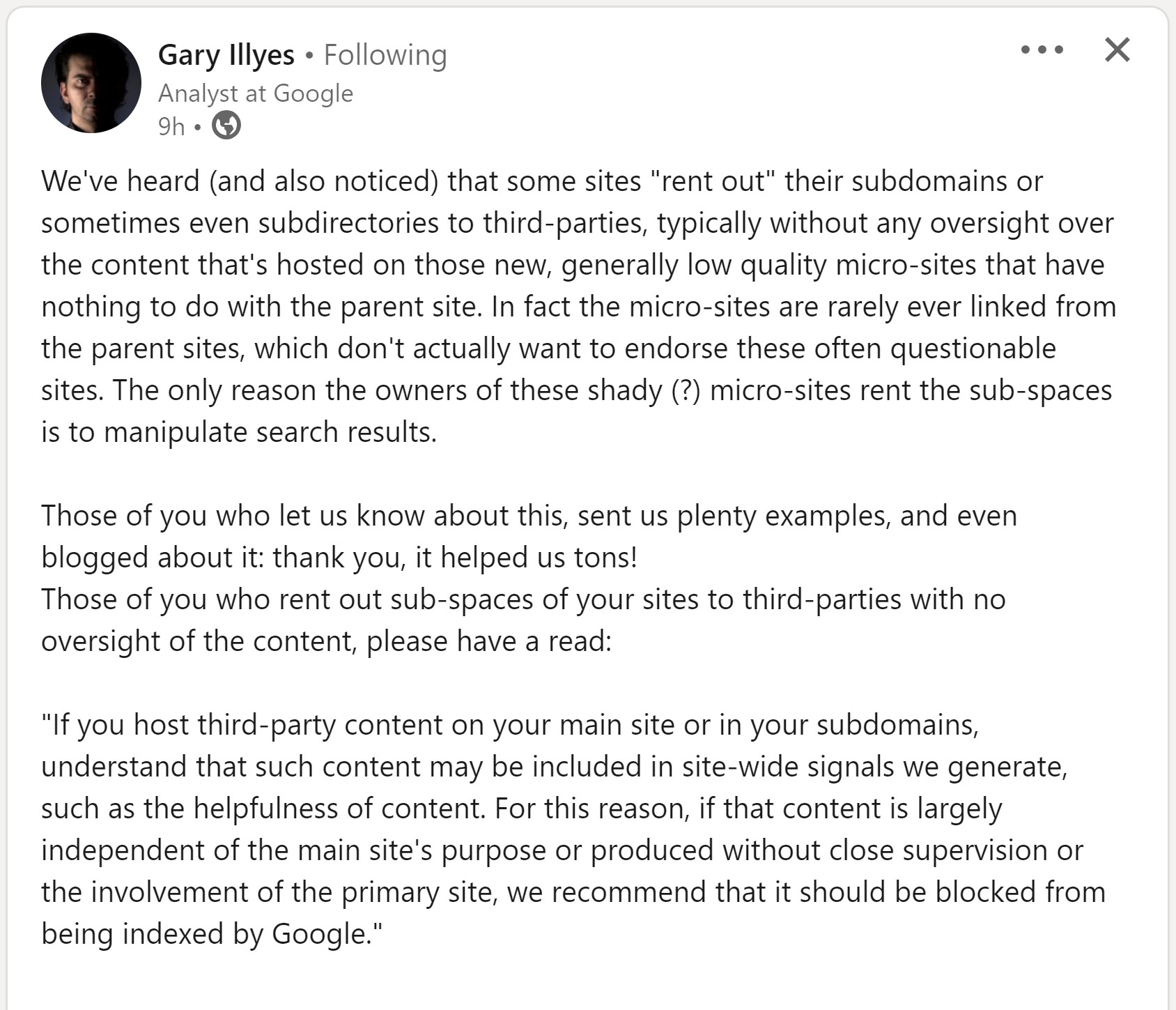 Google: Vorsicht bei Bereitstellung von Subdomains und Verzeichnissen für Fremd-Websites: Gary Illyes auf LinkedIn