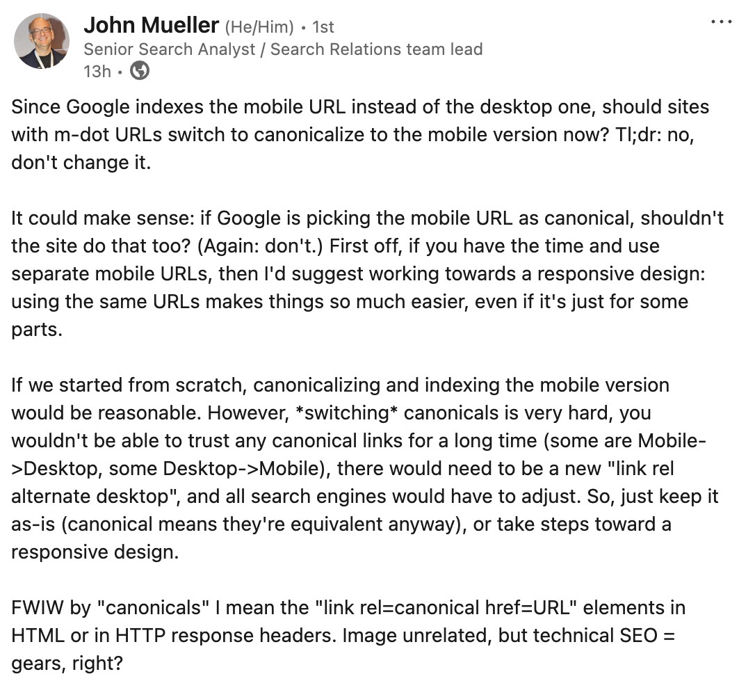 John Müller von Google: Warum ein Wechsel der Canonical URL von Mobile auf Desktop nicht sinnvoll wäre