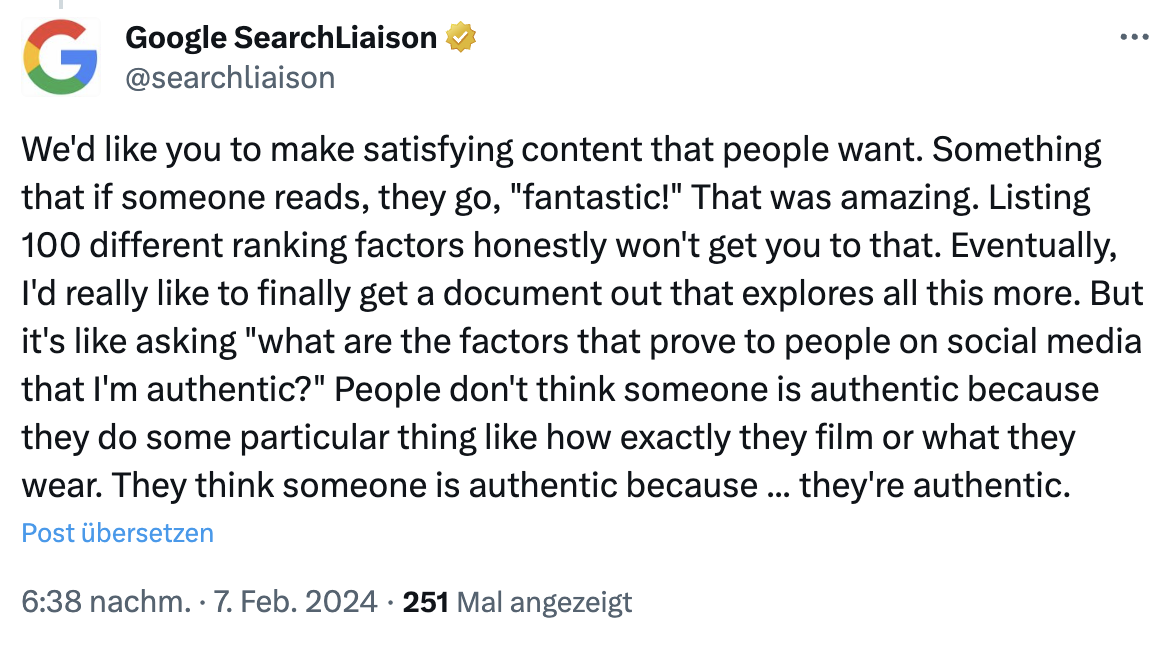 Google: Warum es sinnlos wäre, alle Rankingfaktoren zu nennen