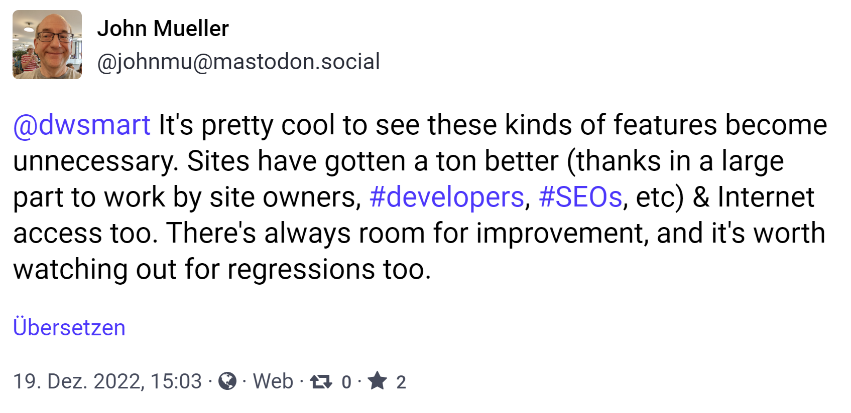 John Müller von Google auf Mastodon: Web Light zum Glück überflüssig