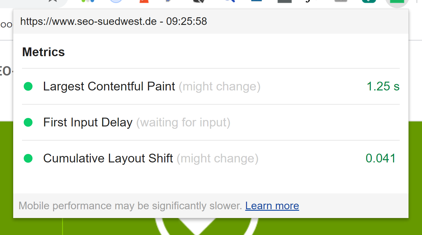 Web Vitals Chrome-Plugin: Beispiel