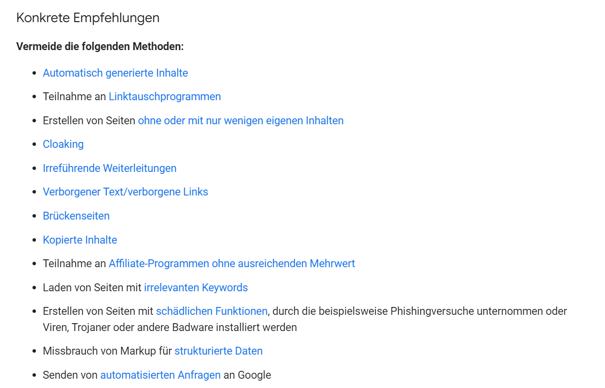 Google Webmaster-Richtlinien: Empfehlungen