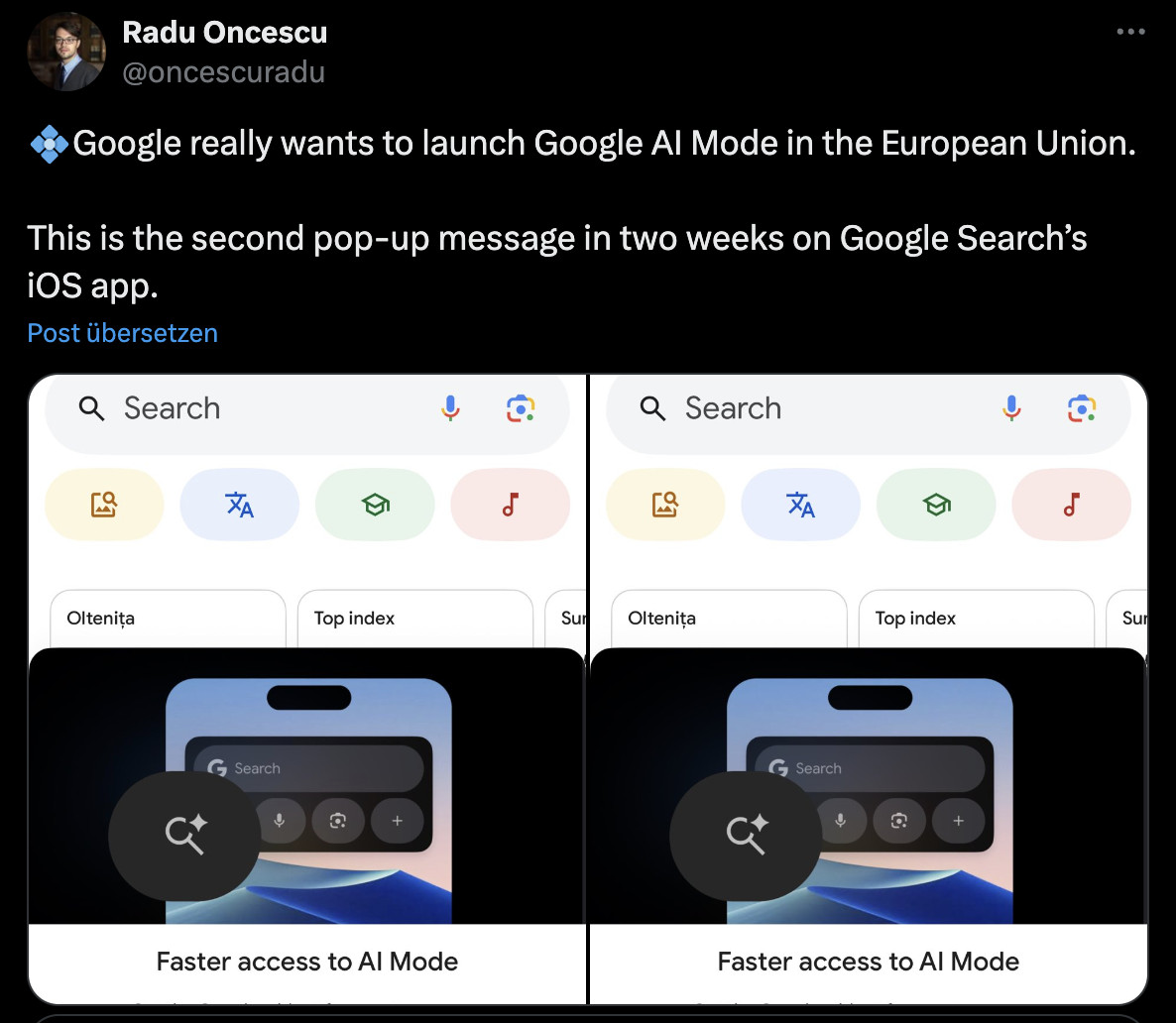 Google App auf iOS: Hinweis auf AI Mode - Radu Oncescu auf Twitter