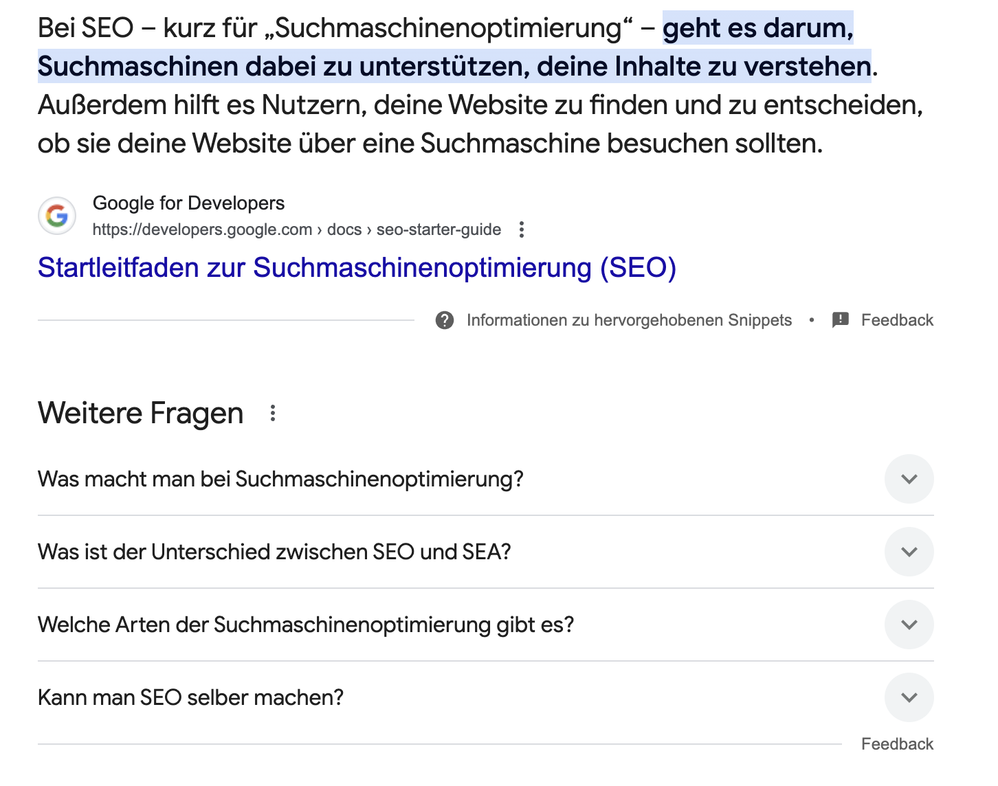 Google: 'Weitere Fragen' zu 'Suchmaschinenoptimierung'