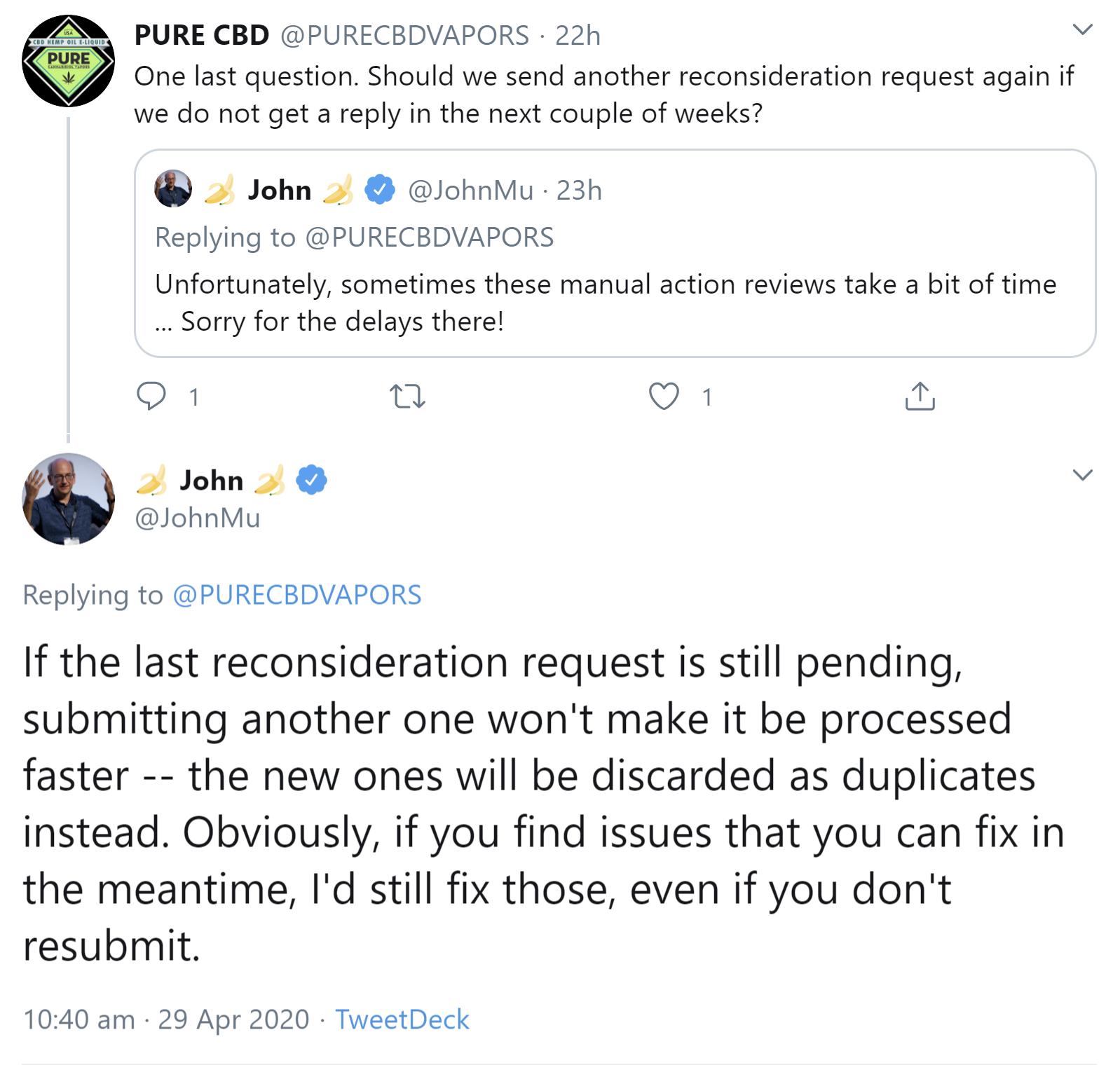 Google: Bei ausstehendem Reconsideration Request keinen weiteren hinterherschicken