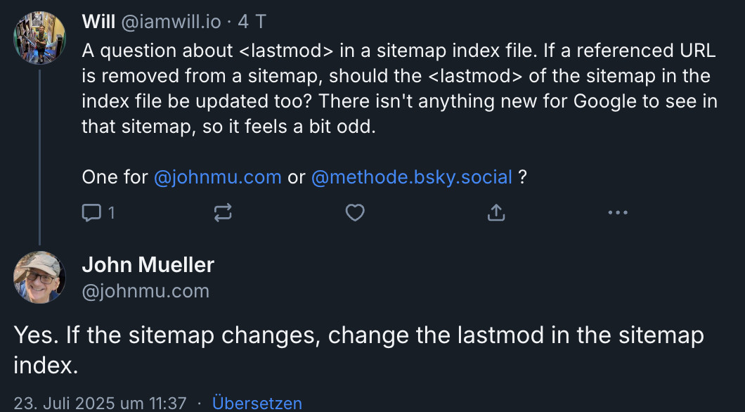 Google: Wenn sich in einer Sitemap etwas ändert, sollte das lastmod-Datum der Sitemap im Sitemap-Index aktualisiert werden