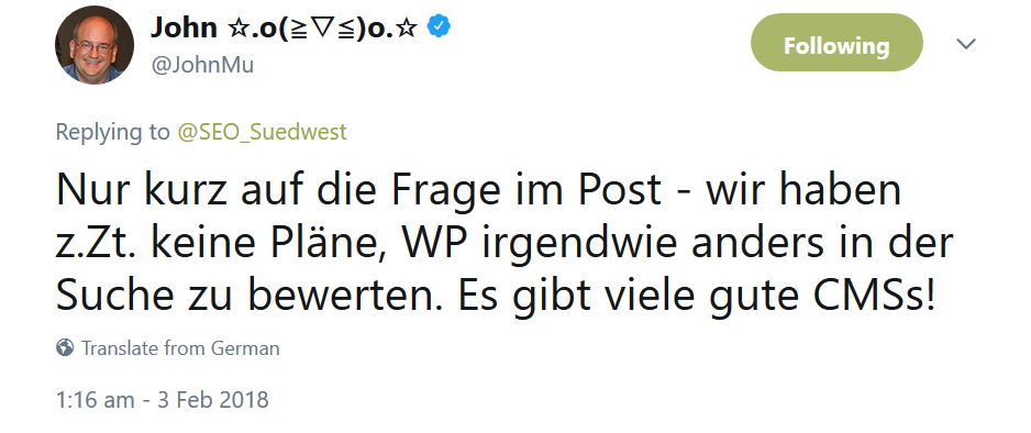Nur kurz auf die Frage im Post - wir haben z.Zt. keine Pläne, WP irgendwie anders in der Suche zu bewerten. Es gibt viele gute CMSs!