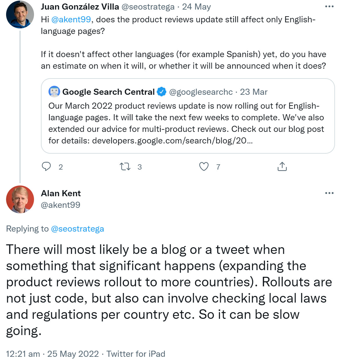 Google wird den Rollout des Product Reviews Updates für weitere Länder wahrscheinlich per Blogpost ankündigen