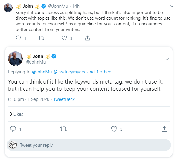 Google: Wortanzahl ist wie Meta Keywords: Google nutzt sie nicht, sie kann aber helfen, sich zu fokussieren