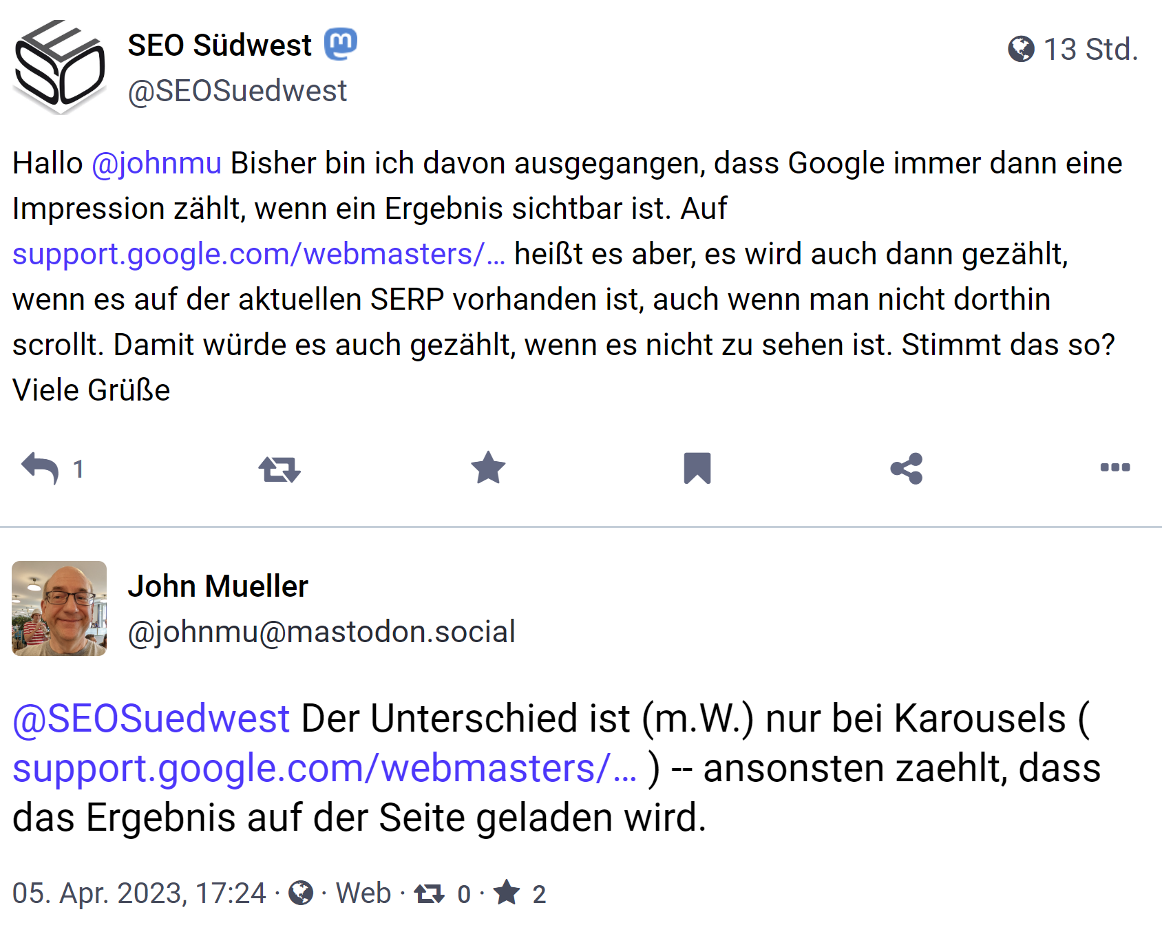 Google zählt eine Impression immer dann, wenn ein Ergebnis geladen wird - mit Ausnahme von Karussells