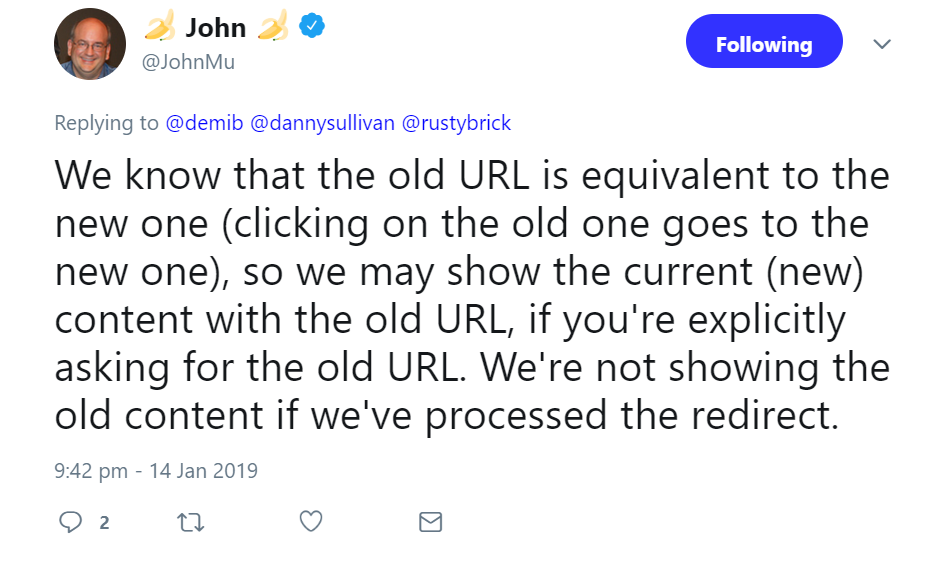Google zeigt bei gleichwertigen Inhalten alte URL an, wenn ausdrücklich danach gesucht wird