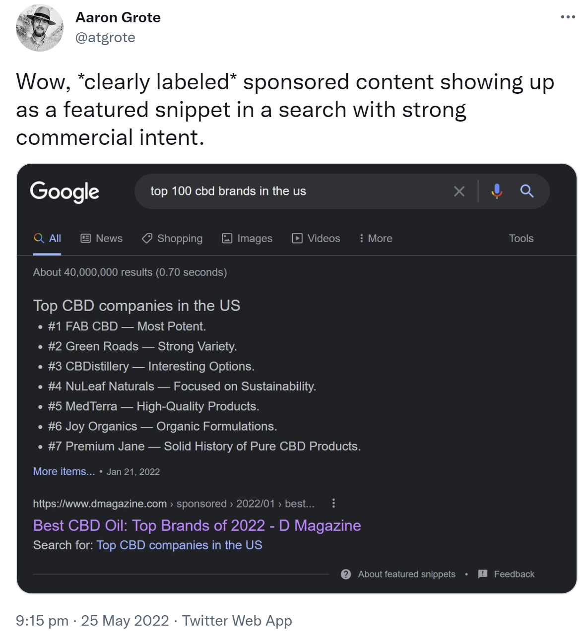 Beispiel eines Featured Snippets, das auf gesponserten Inhalten basiert
