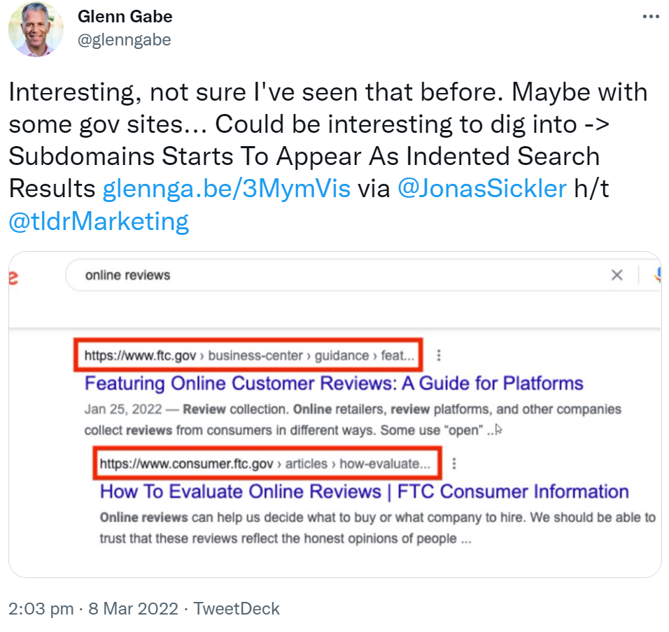 Google zeigt jetzt auch Indented Search Results für Subdomains - Glenn Gabe auf Twitter