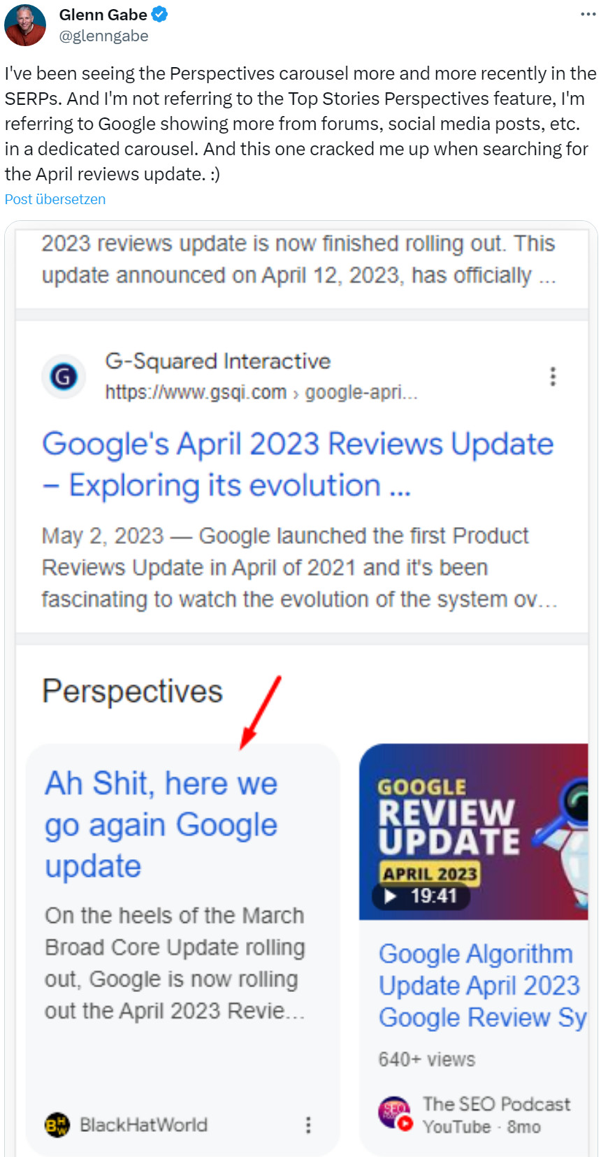 Google zeigt mehr Perspectives an - Glenn Gabe auf Twitter