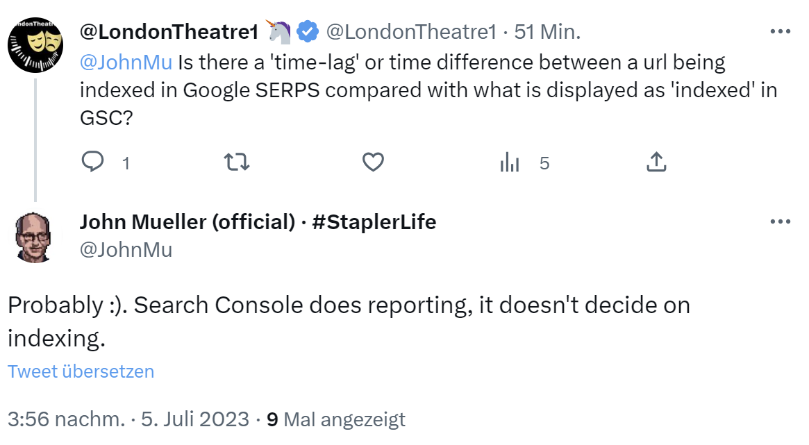 Google: Zeitliche Differenz zwischen der Indexierung einer Seite und der Bestätigung der Indexierung in der Google Search Console möglich