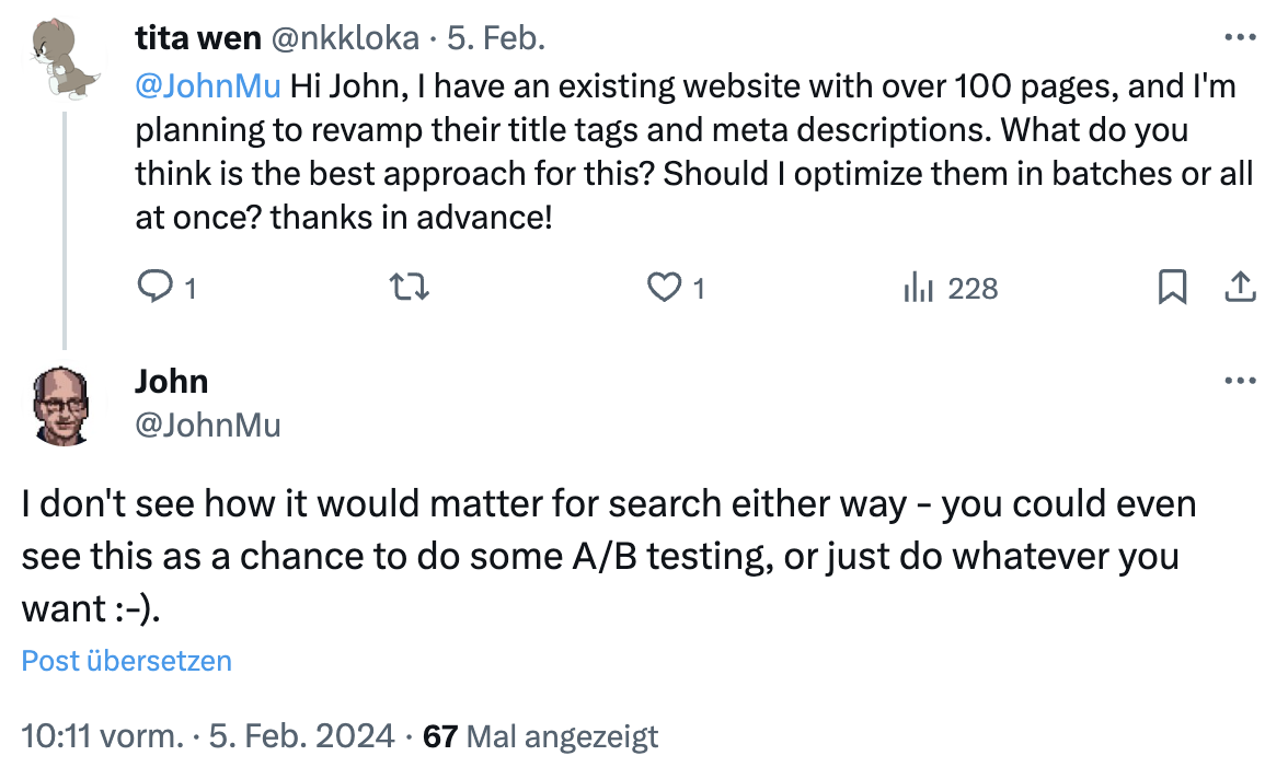 Google zur Frage, ob man viele Titel und Meta Descriptions auf einmal ändern sollte