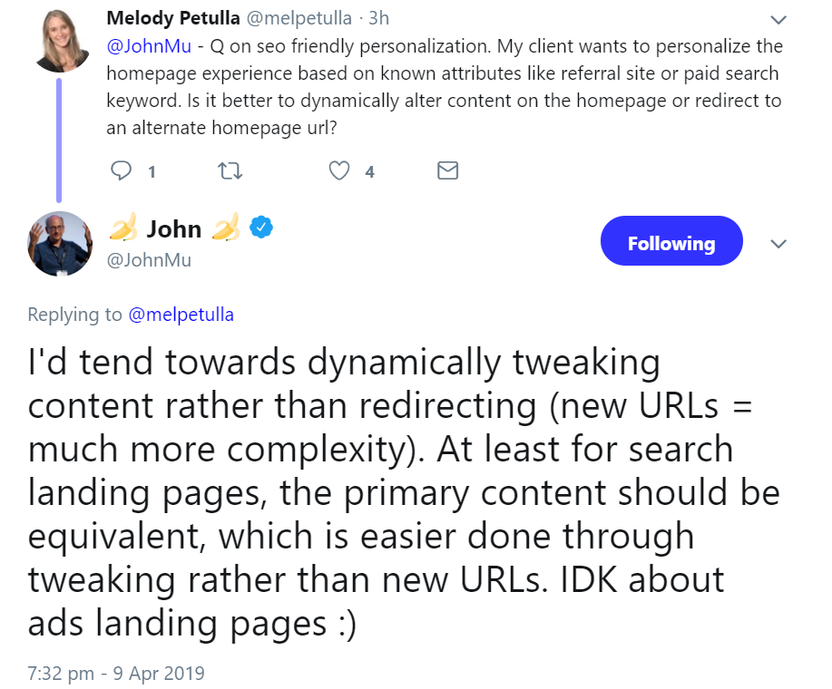 Google: zur Personalisierung einer Webseite Inhalte anpassen, statt auf andere URLs weiterzuleiten