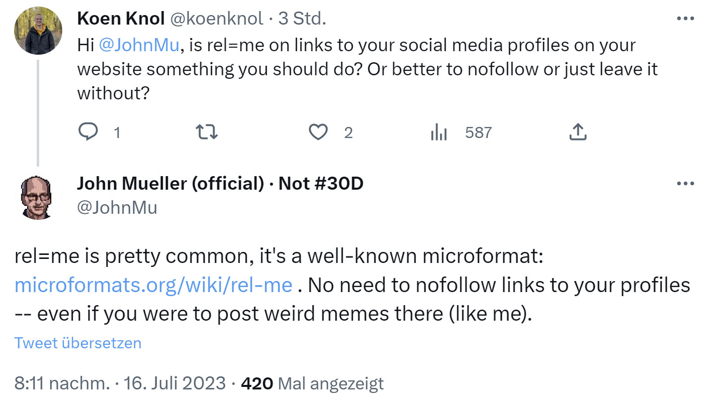 Google zur Verwendung von rel='me' für Links zwischen Profilseiten