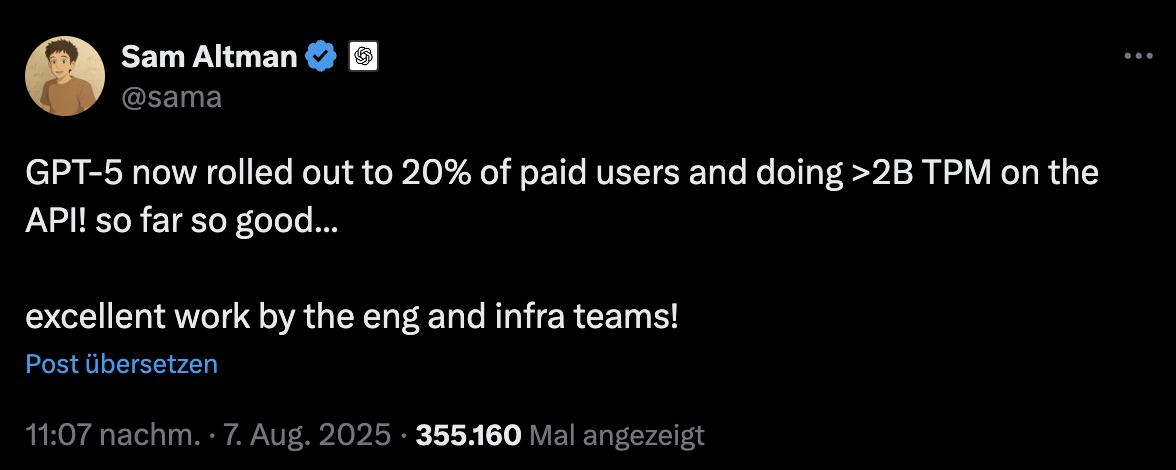 Sam Altman: GPT-5 bereits für 20 Nutzer ausgerollt