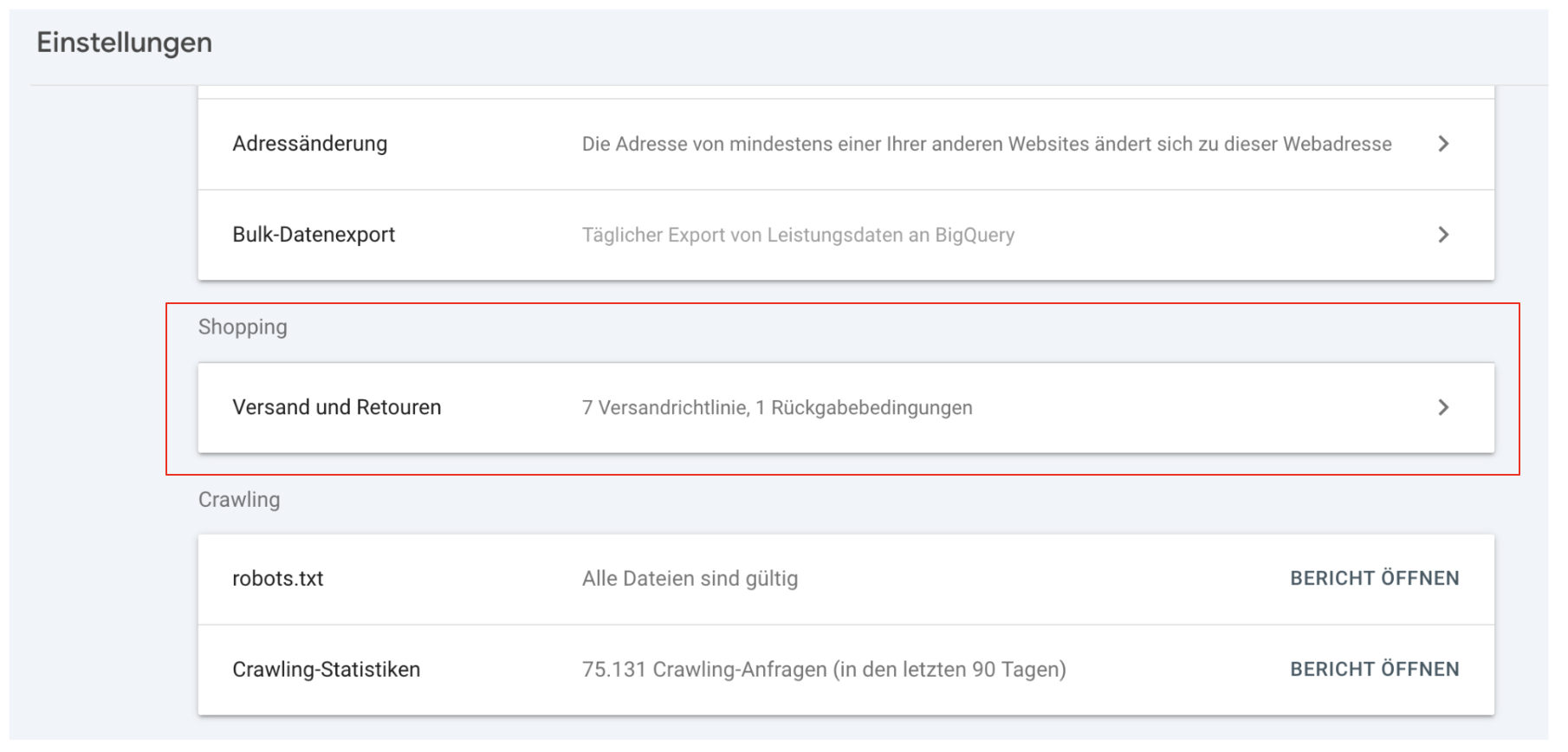 GSC: Einstellungen zu Shopping