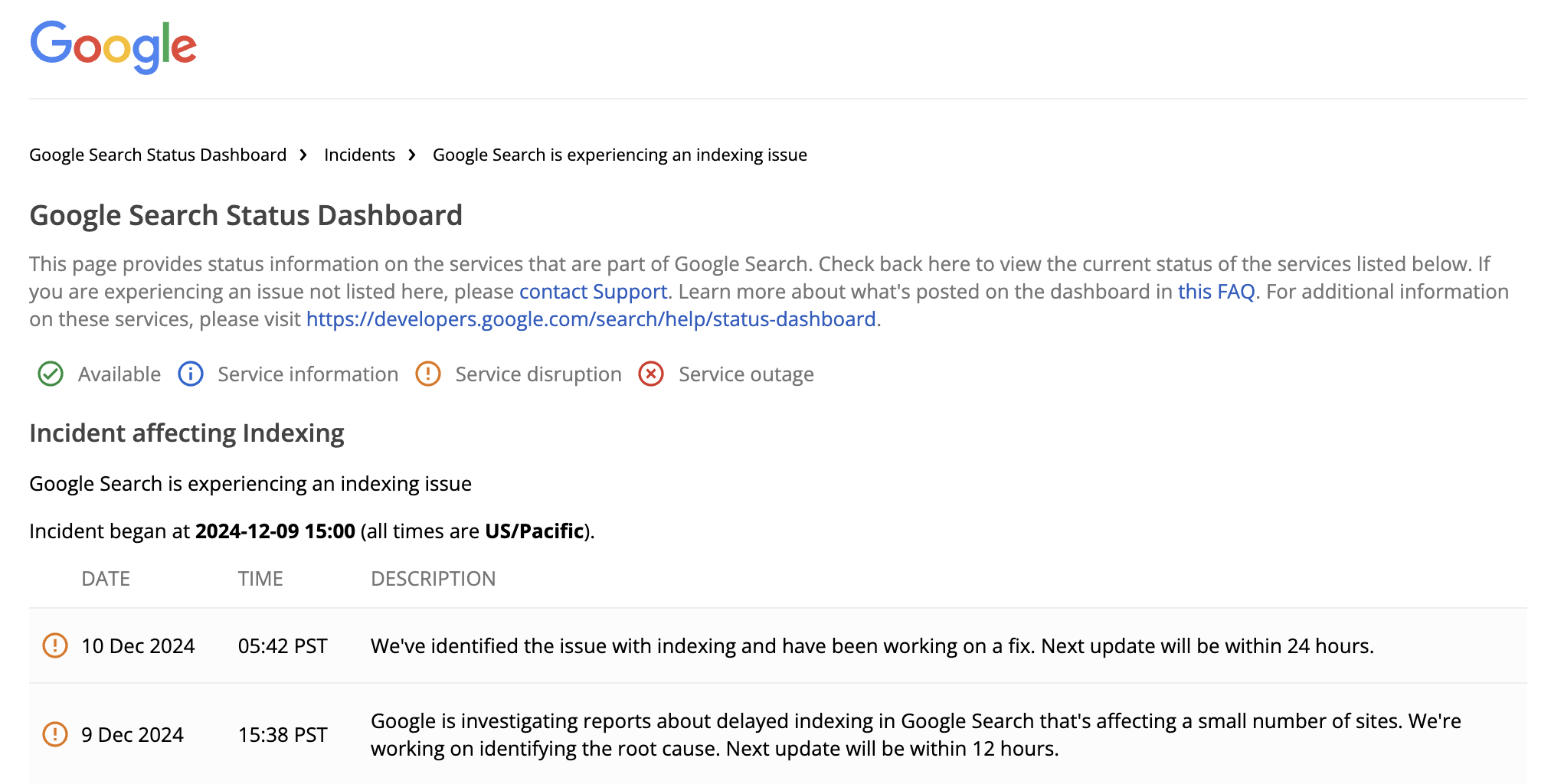 Google Indexierungsprobleme seit dem 9.12.24 - Google Search Status Dashboard