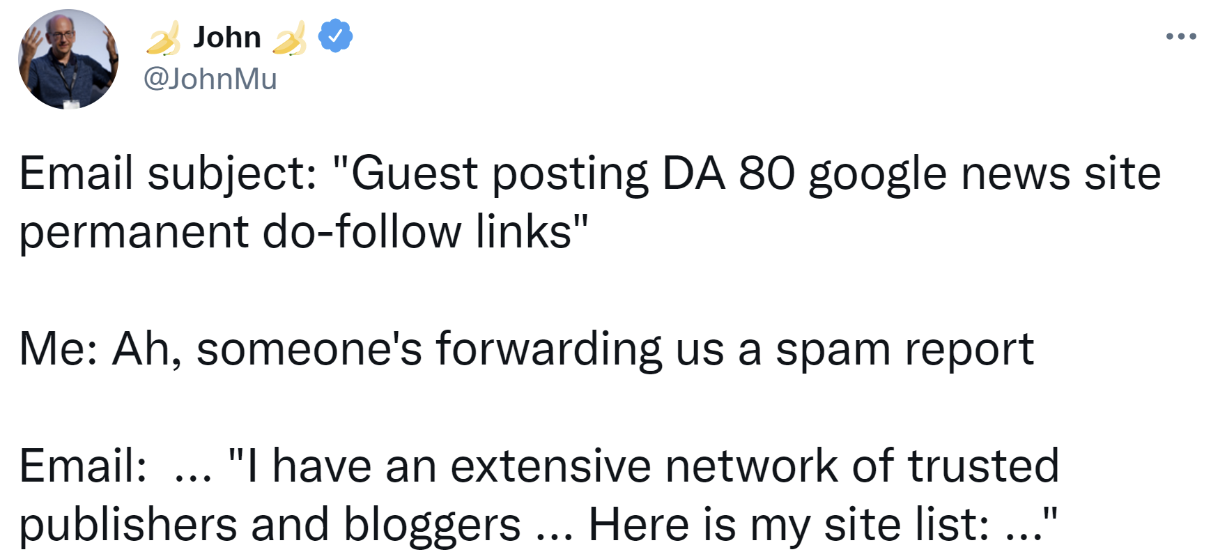 John Müller von Google hat eine Mail mit angebotenen Websites für Gastbeiträge erhalten