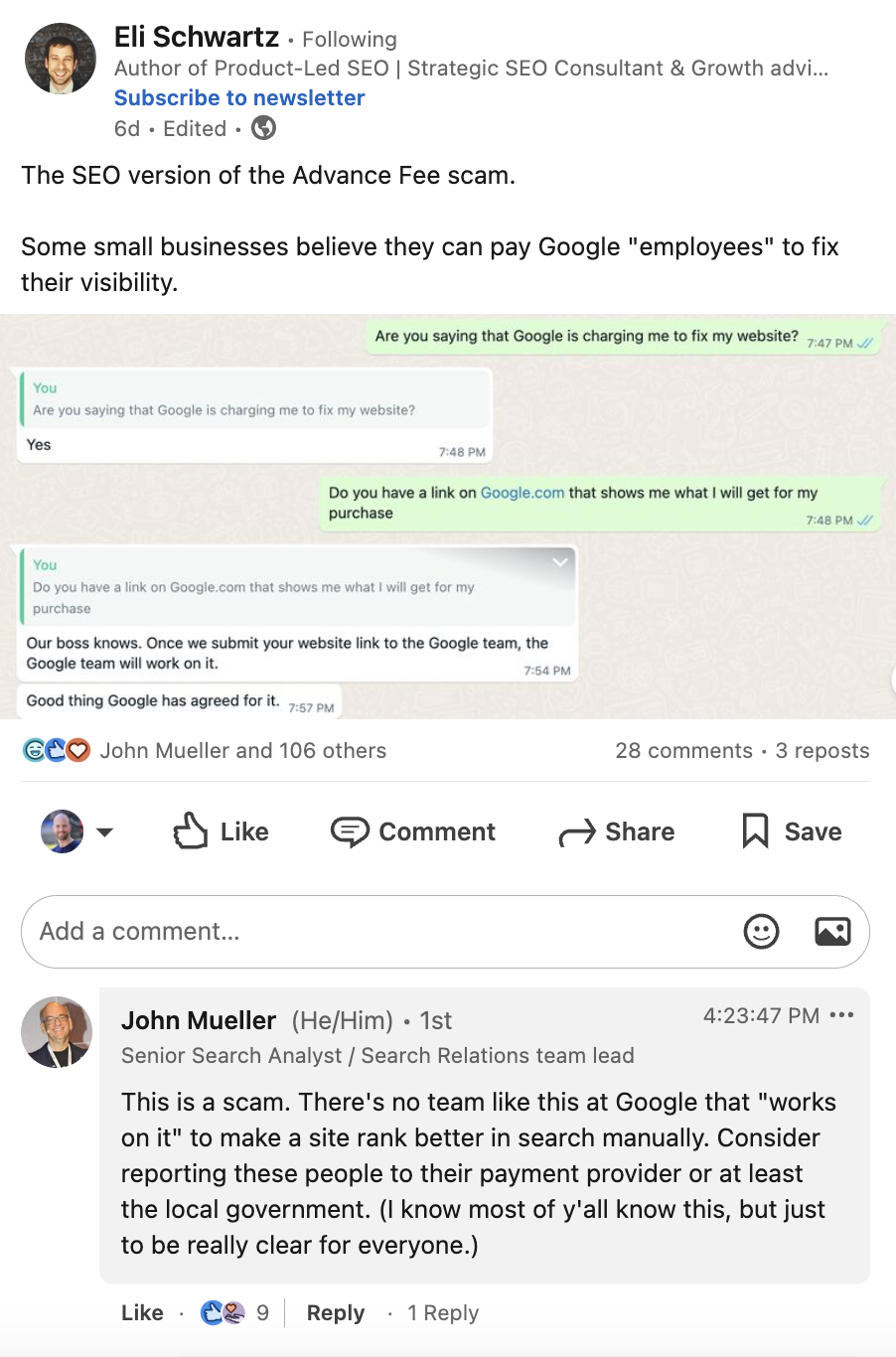 John Müller auf LinkedIn: Man kann keine Google Mitarbeiter bezahlen, damit diese die Rankings 'reparieren'