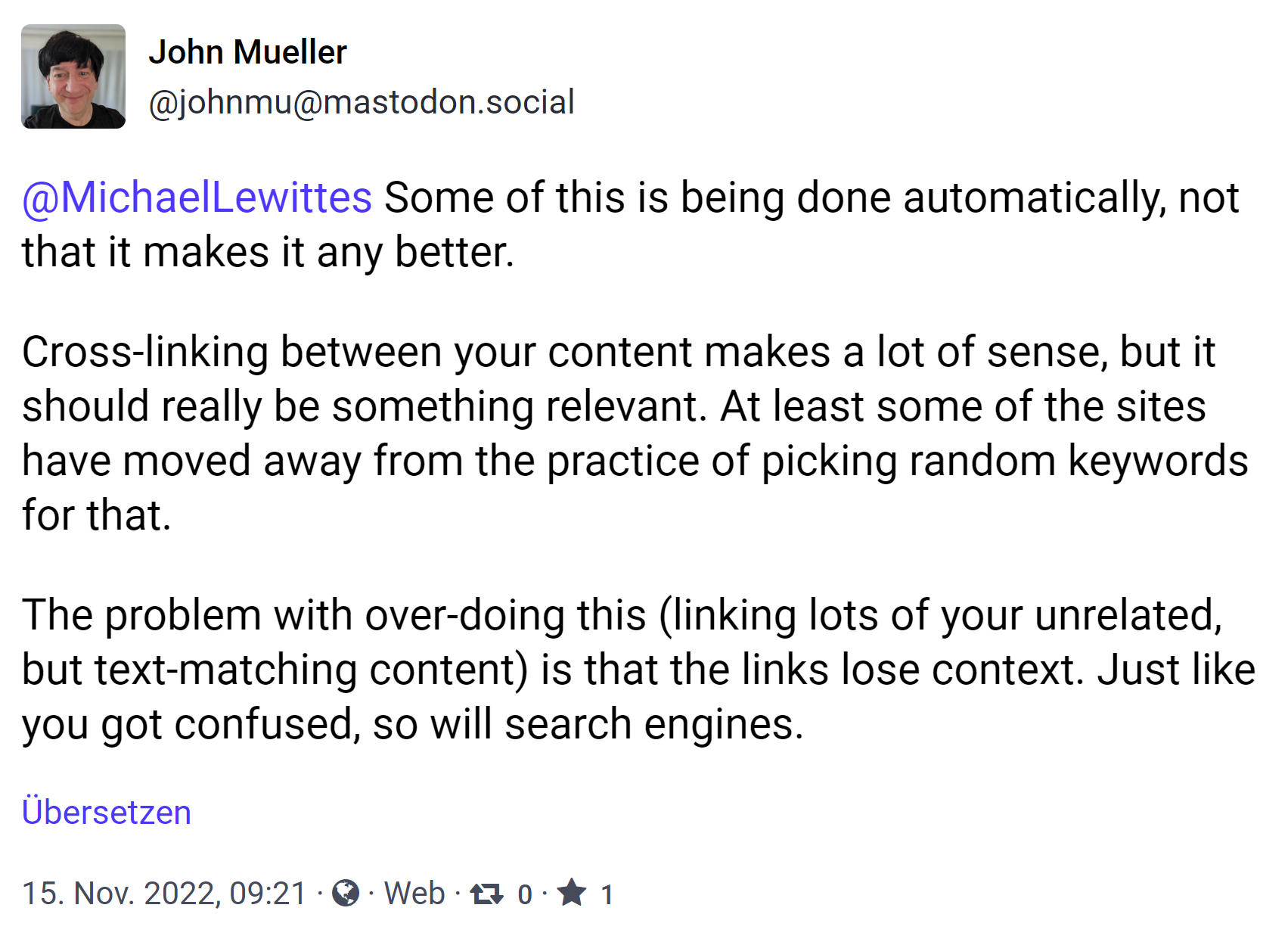 John Müller auf Mastodon: Interne Links sollten nur auf thematisch relevante Inhalte zeigen