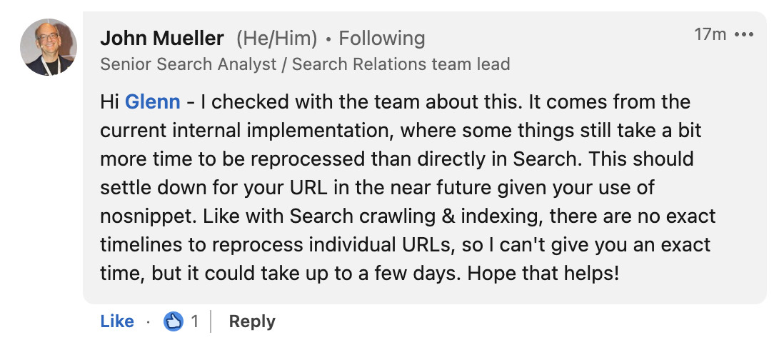 John Müller auf LinkedIn: nosnipped für Link Cards in AI Overviews soll bald funktionieren