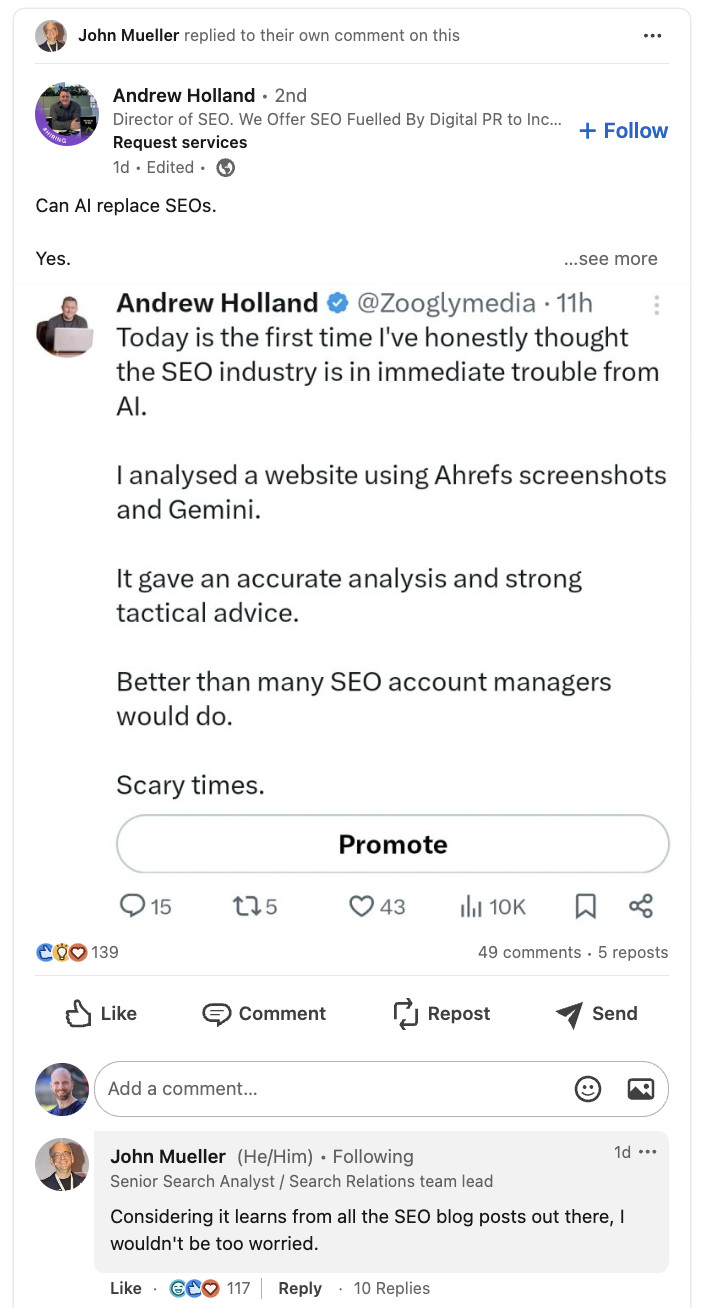 Kann KI SEOs ersetzen? John Müller auf LinkedIn