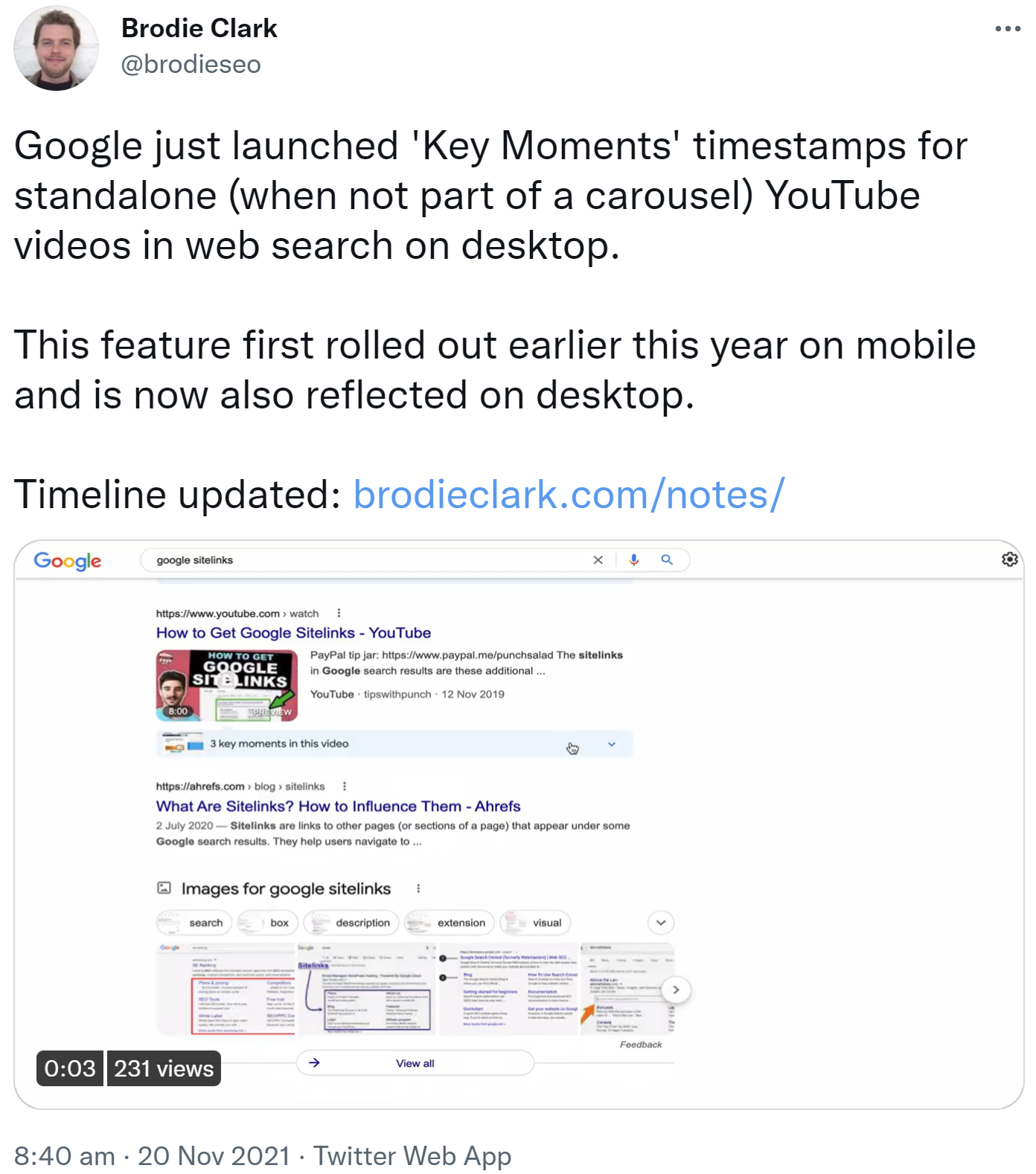 Key Moments für Standalone-Videos in der Desktop-Suche: Tweet von Brodie Clark