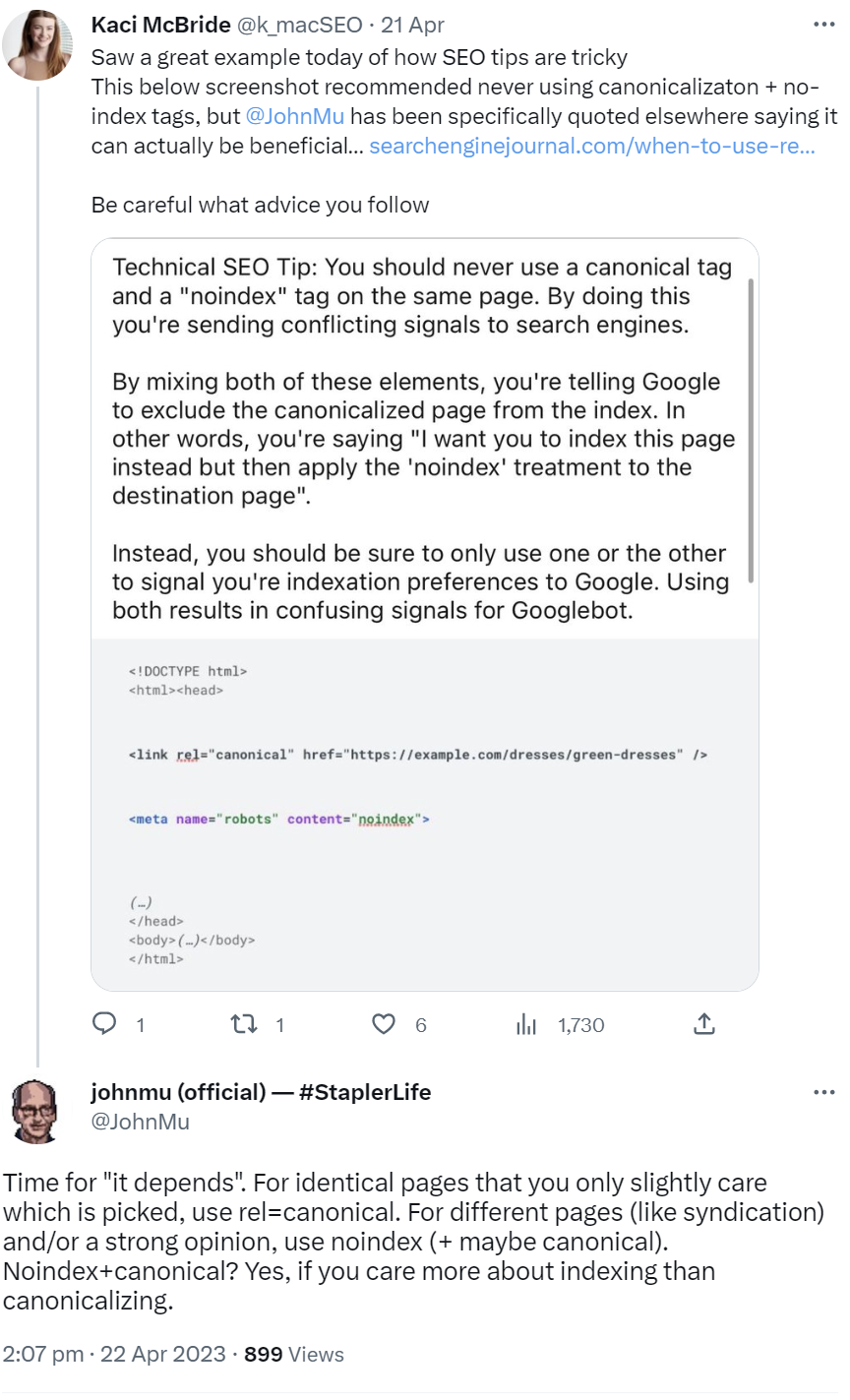 John Müller: 'Kombination aus Canonical-Link und noindex kann sinnvoll sein.