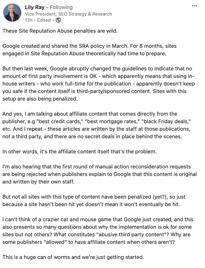 Site Reputation Abuse: Lily Ray auf Twitter