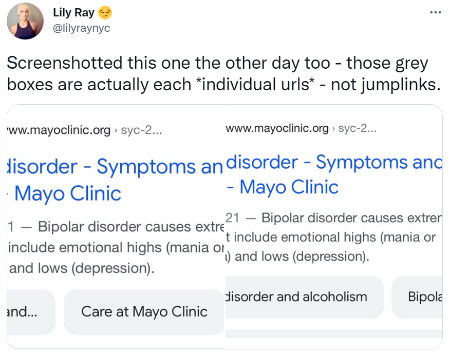 Google testet wieder neue Sitelinks: Lily Ray auf Twitter