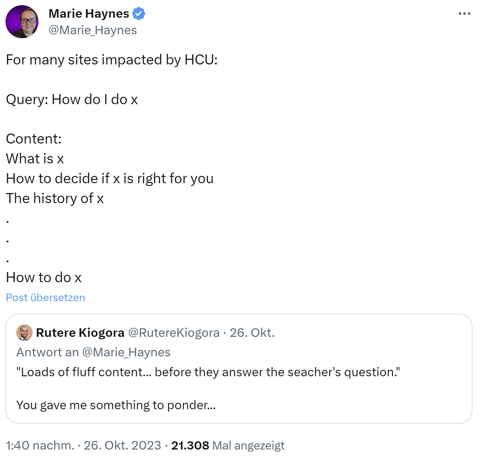 Marie Haynes auf Twitter: Webseiten mit Fülltext haben beim Helpful Content Update verloren