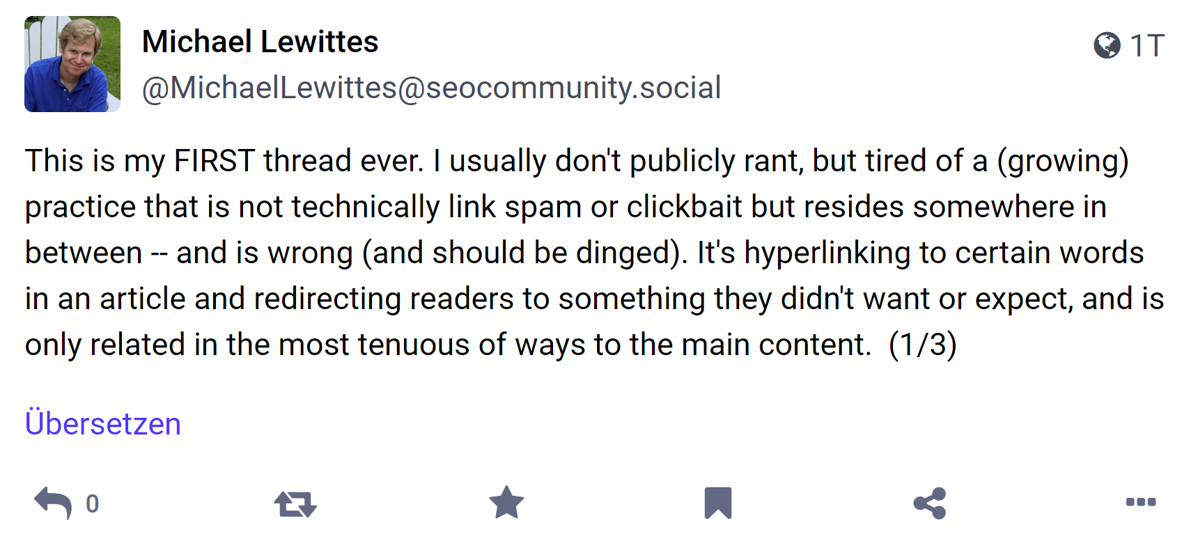Michael Lewittes beschwert sich auf Mastodon über nicht relevante interne Links auf Websites
