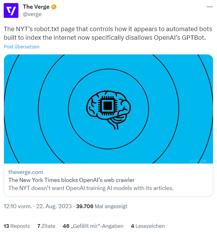 New York Times sperrt ChatGPT aus - The Verge auf Twitter