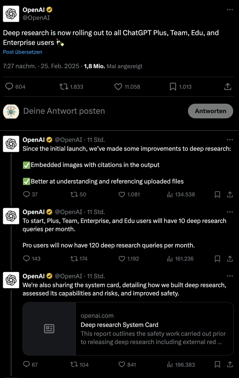 OpenAI Deep Research Plus - Ankündigung auf Twitter