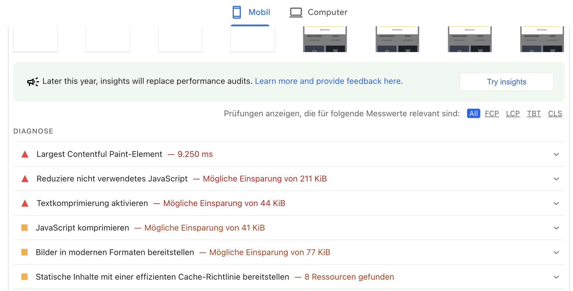 Google PageSpeed Insights: Hinweis auf neue 'Insights'