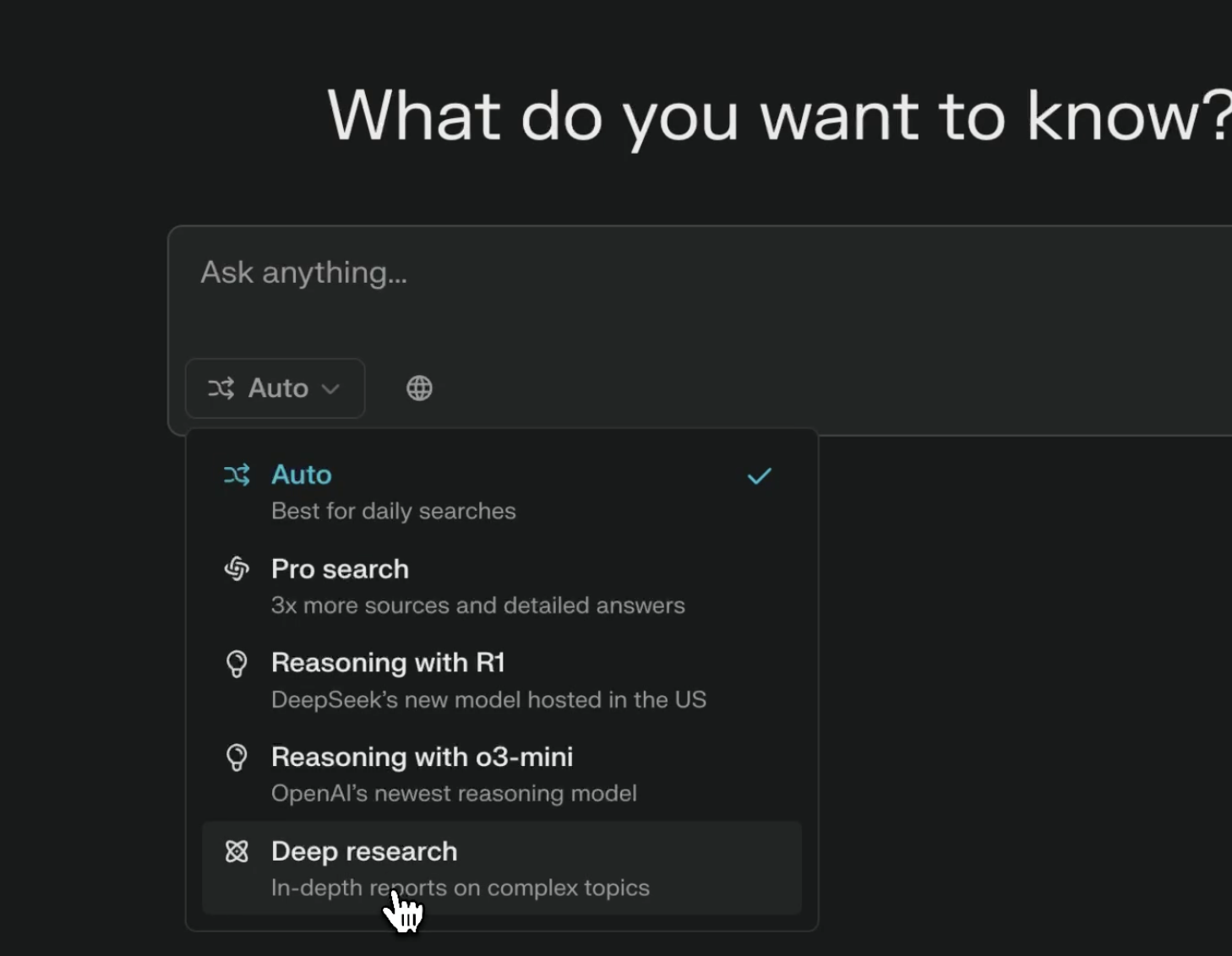 Perplexity Deep Research Auswahl